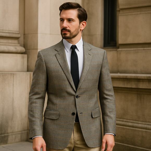 Lauren Ralph Lauren Men’s 38R Grey Plaid Blazer Wool Jacket Gold Accent - Picture 1 of 14